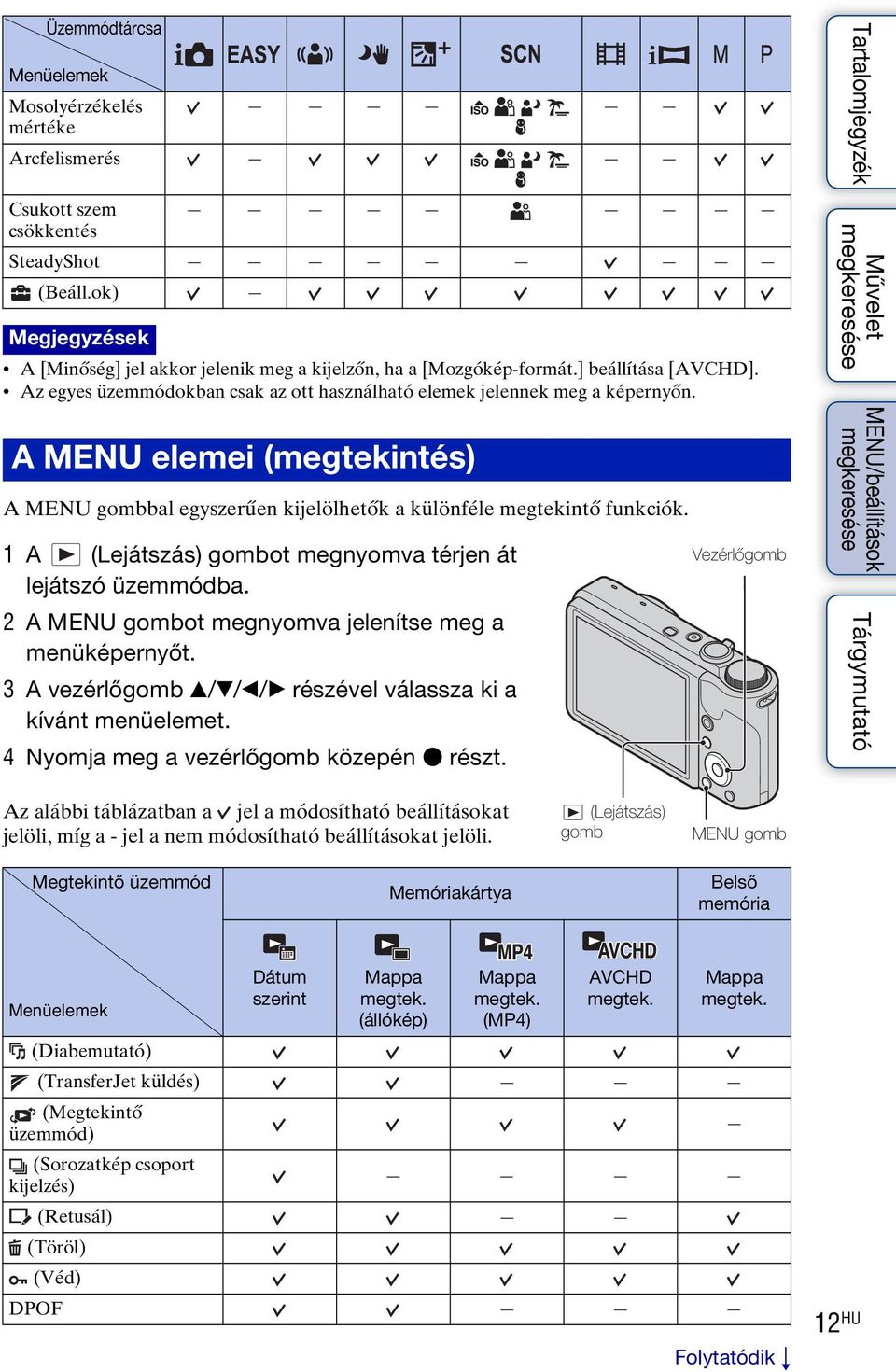 1 A (Lejátszás) gombot megnyomva térjen át lejátszó üzemmódba. 2 A MENU gombot megnyomva jelenítse meg a menüképernyőt. 3 A vezérlőgomb v/v/b/b részével válassza ki a kívánt menüelemet.