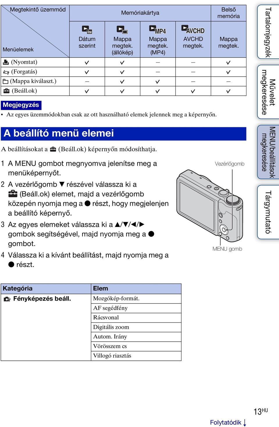 1 A MENU gombot megnyomva jelenítse meg a menüképernyőt. 2 A vezérlőgomb V részével válassza ki a (Beáll.