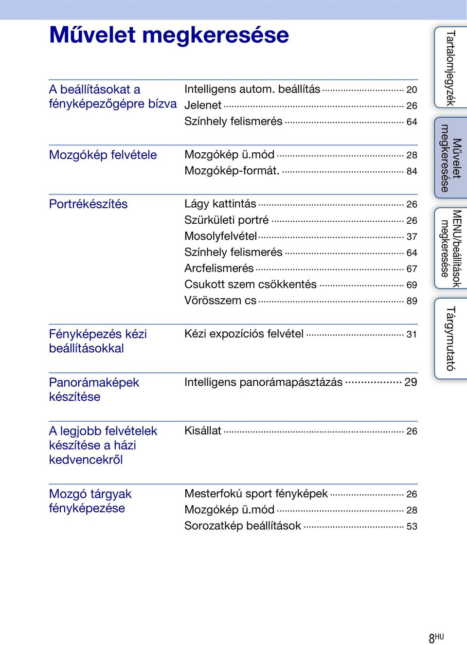 84 Portrékészítés Lágy kattintás 26 Szürkületi portré 26 Mosolyfelvétel 37 Színhely felismerés 64 Arcfelismerés 67 Csukott szem csökkentés 69