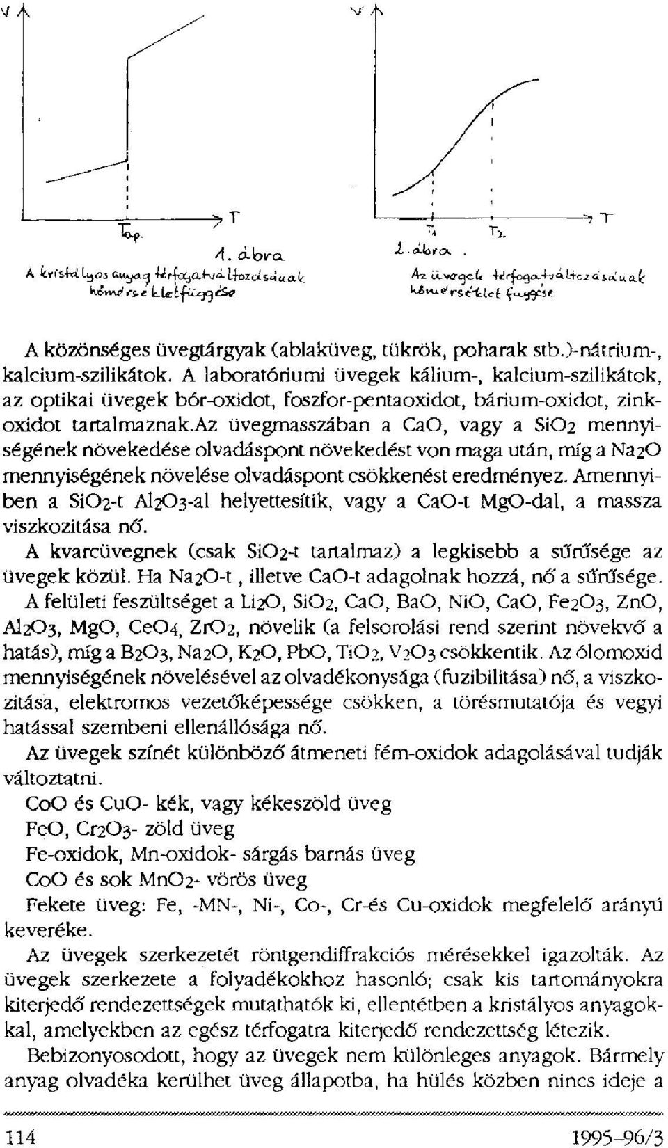 Az üvegmasszában a CaO, vagy a SiO2 mennyiségének növekedése olvadáspont növekedést von maga után, míg a Na2O mennyiségének növelése olvadáspont csökkenést eredményez.