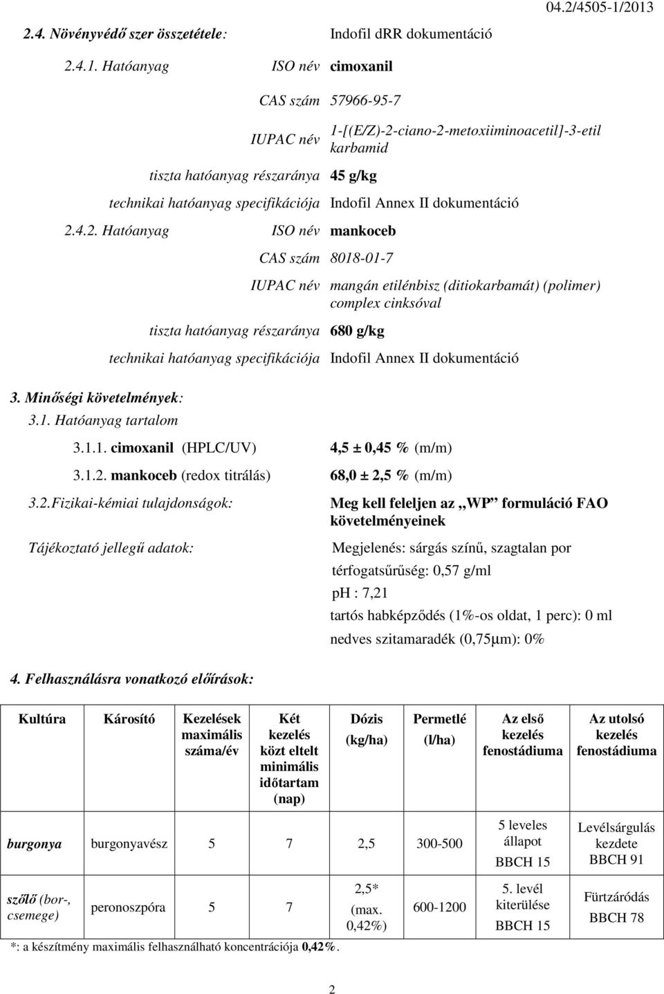 részaránya 45 g/kg technikai hatóanyag specifikációja Indofil Annex II dokumentáció 2.