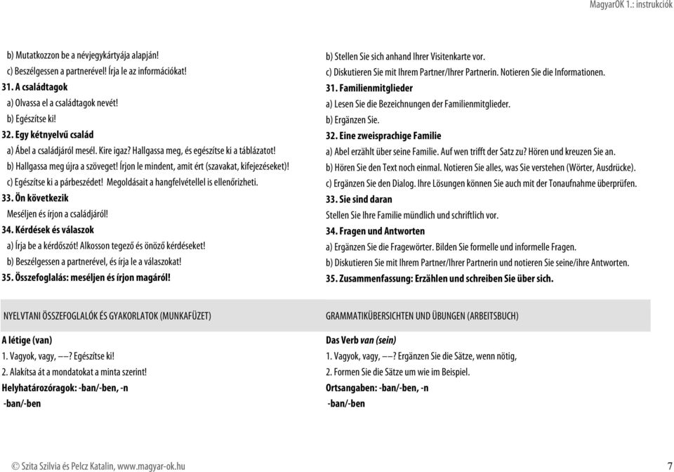 a) Lesen Sie die Bezeichnungen der Familienmitglieder. b) Egészítse ki! b) Ergänzen Sie. 32. Egy kétnyelvű család 32. Eine zweisprachige Familie a) Ábel a családjáról mesél. Kire igaz?