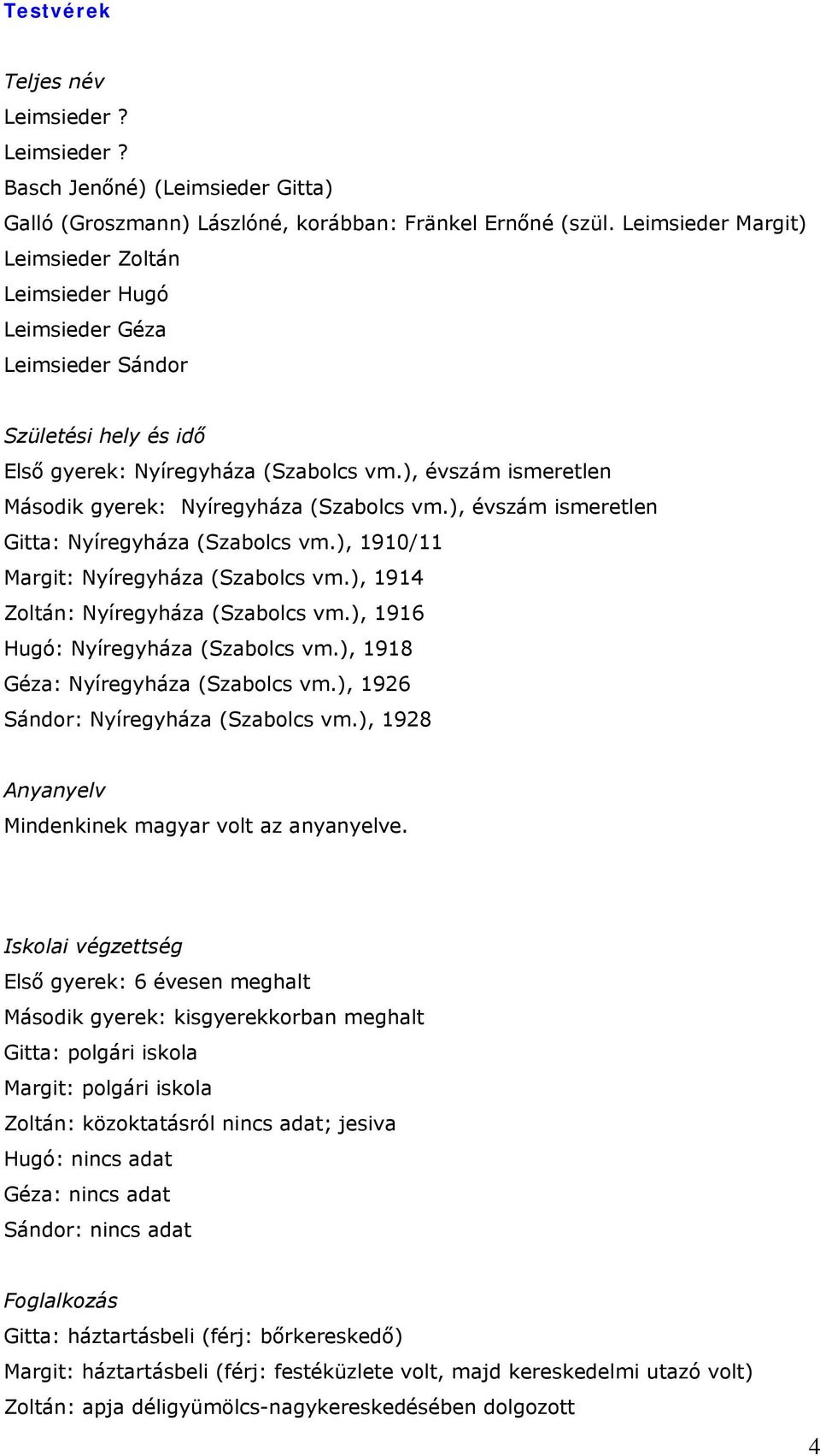 ), évszám ismeretlen Második gyerek: Nyíregyháza (Szabolcs vm.), évszám ismeretlen Gitta: Nyíregyháza (Szabolcs vm.), 1910/11 Margit: Nyíregyháza (Szabolcs vm.), 1914 Zoltán: Nyíregyháza (Szabolcs vm.