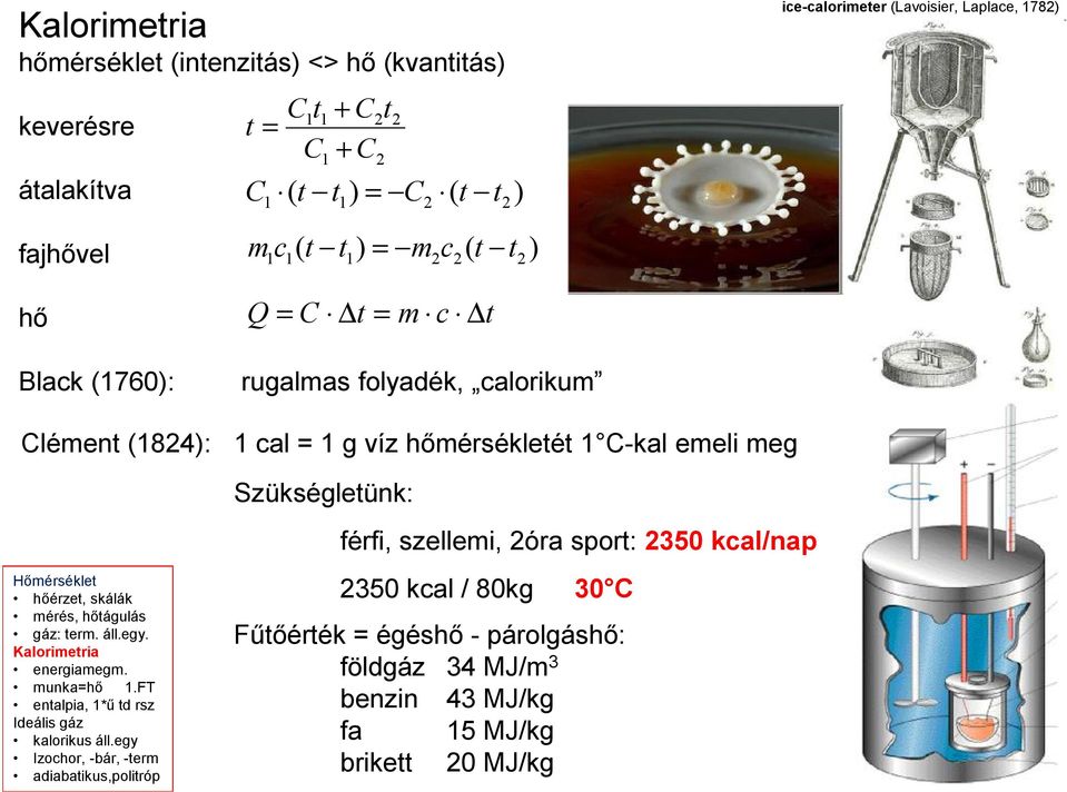 Szükségletünk: férfi, szellemi, 2óra sport: 2350 kcal/nap Hőmérséklet hőérzet, skálák mérés, hőtágulás gáz: term. áll.egy. Kalorimetria energiamegm. munkahő 1.