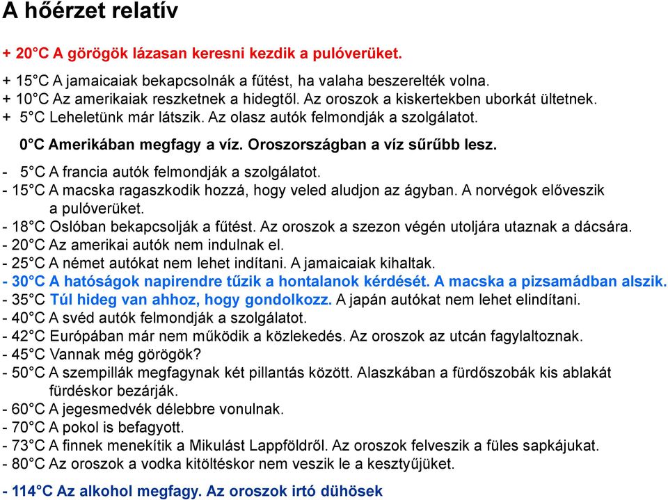 - 5 C A francia autók felmondják a szolgálatot. -15 C A macska ragaszkodik hozzá, hogy veled aludjon az ágyban. A norvégok előveszik a pulóverüket. -18 C Oslóban bekapcsolják a fűtést.