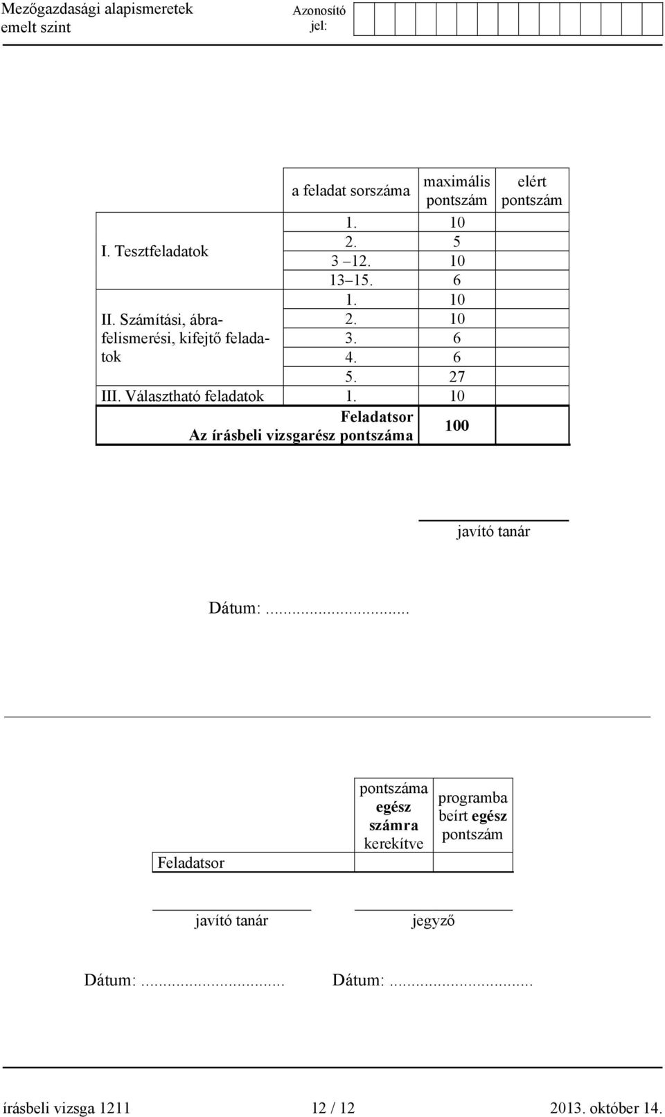 10 Feladatsor Az írásbeli vizsgarész pontszáma 100 elért pontszám javító tanár Dátum:.