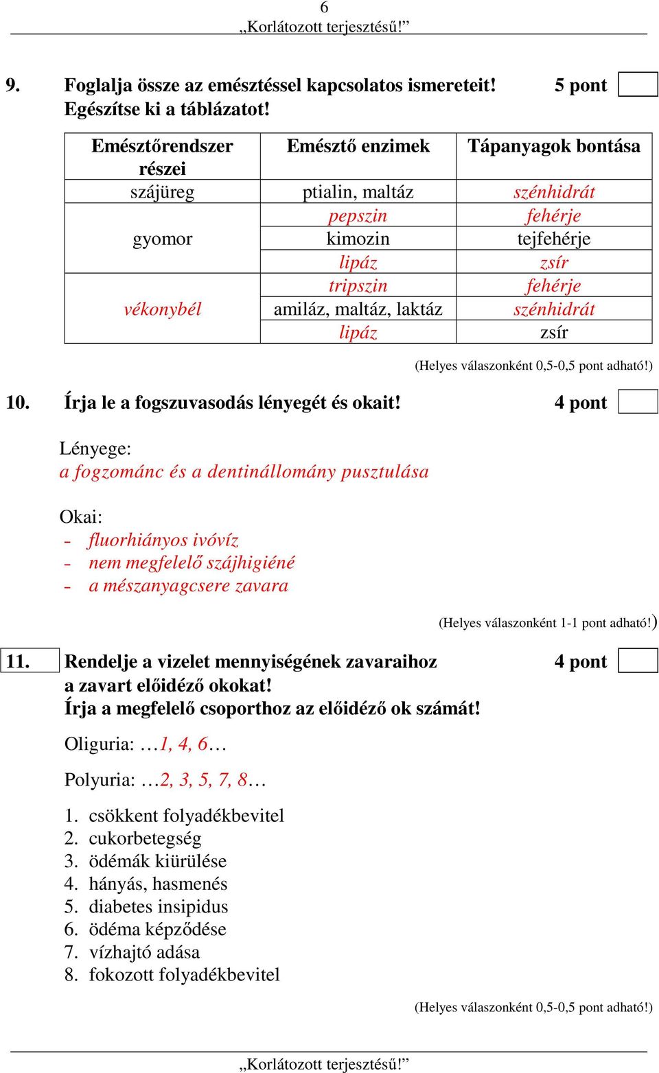 szénhidrát lipáz zsír (Helyes válaszonként 0,5-0,5 pont adható!) 10. Írja le a fogszuvasodás lényegét és okait!
