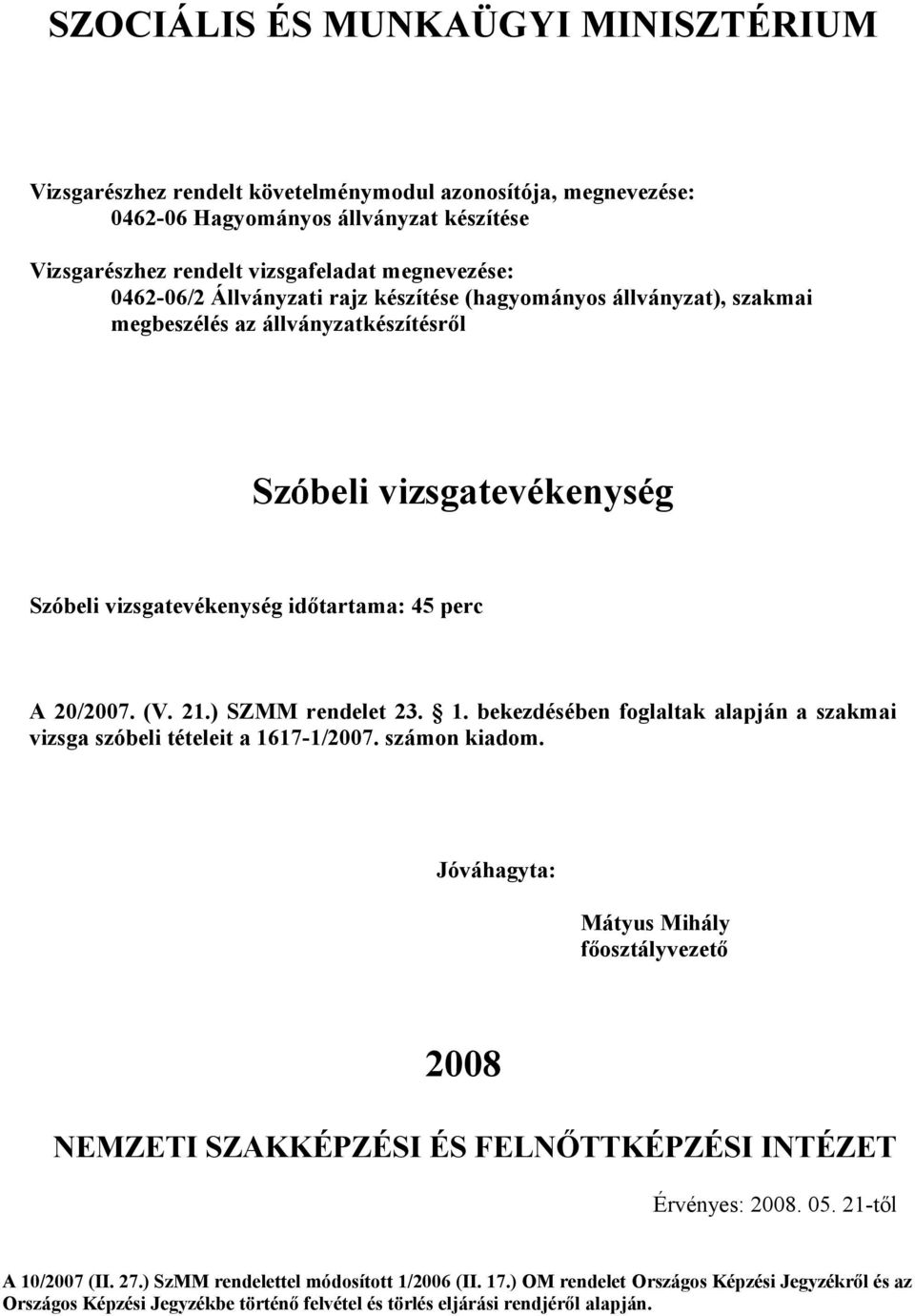 bekezdésében foglaltak alapján a szakmai vizsga szóbeli tételeit a 1617-1/2007. számon kiadom.