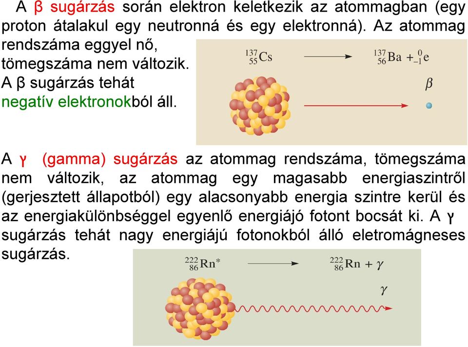 A ץ (gamma) sugárzás az atommag rendszáma, tömegszáma nem változik, az atommag egy magasabb energiaszintről (gerjesztett