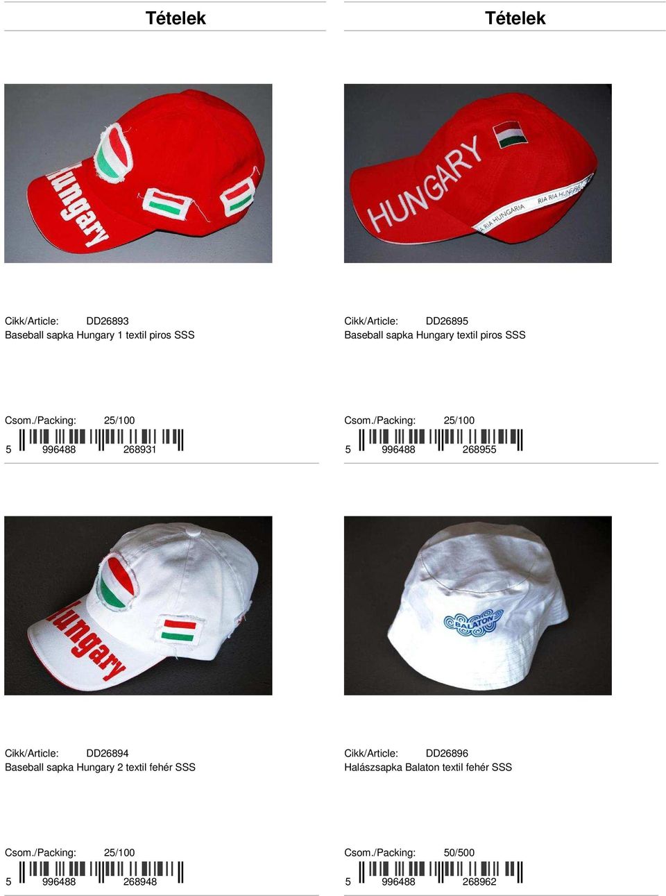 Cikk/Article: DD26894 Baseball sapka Hungary 2 textil fehér SSS Cikk/Article: