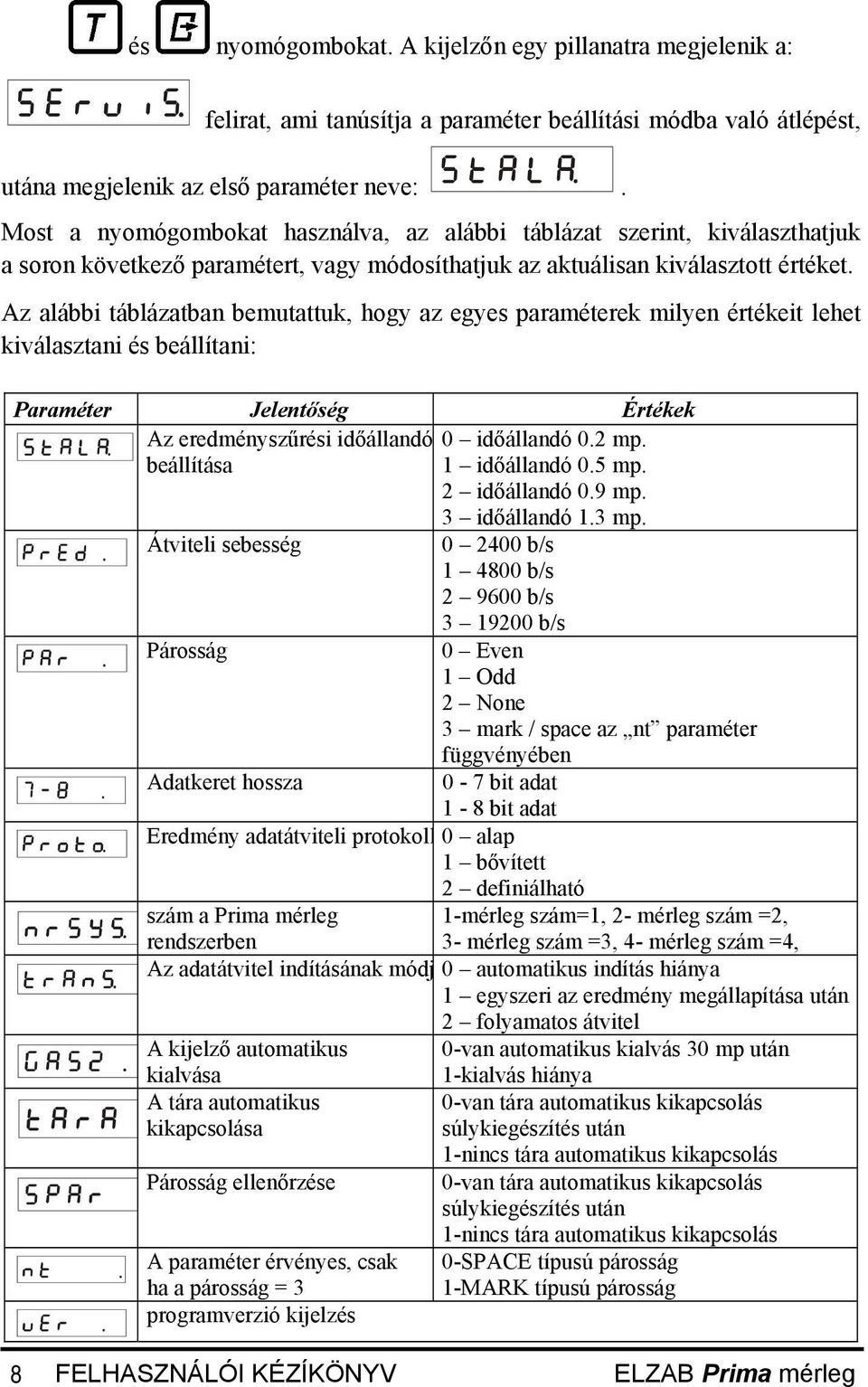 Az alábbi táblázatban bemutattuk, hogy az egyes paraméterek milyen értékeit lehet kiválasztani és beállítani: Paraméter Jelentőség Értékek Az eredményszűrési időállandó 0 időállandó 0.2 mp.