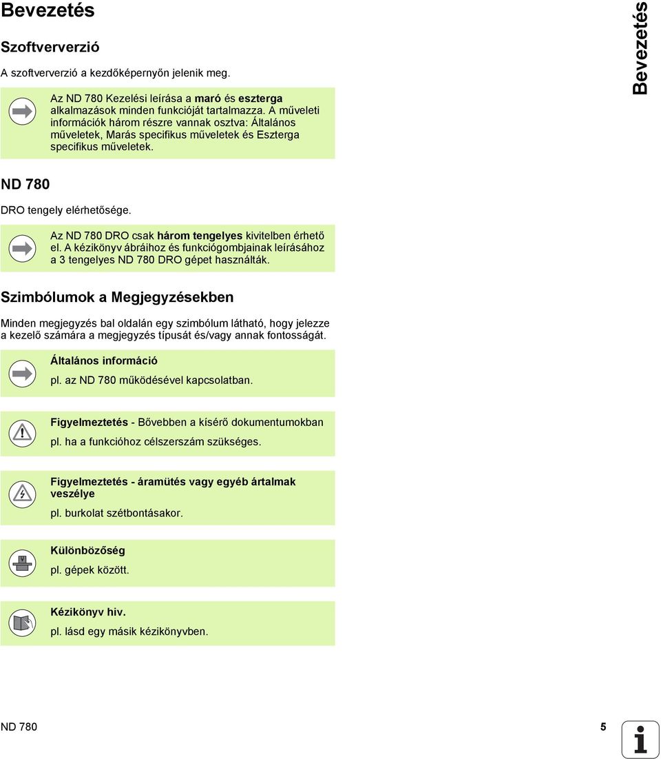Az ND 780 DRO csak három tengelyes kivitelben érhető el. A kézikönyv ábráihoz és funkciógombjainak leírásához a 3 tengelyes ND 780 DRO gépet használták.
