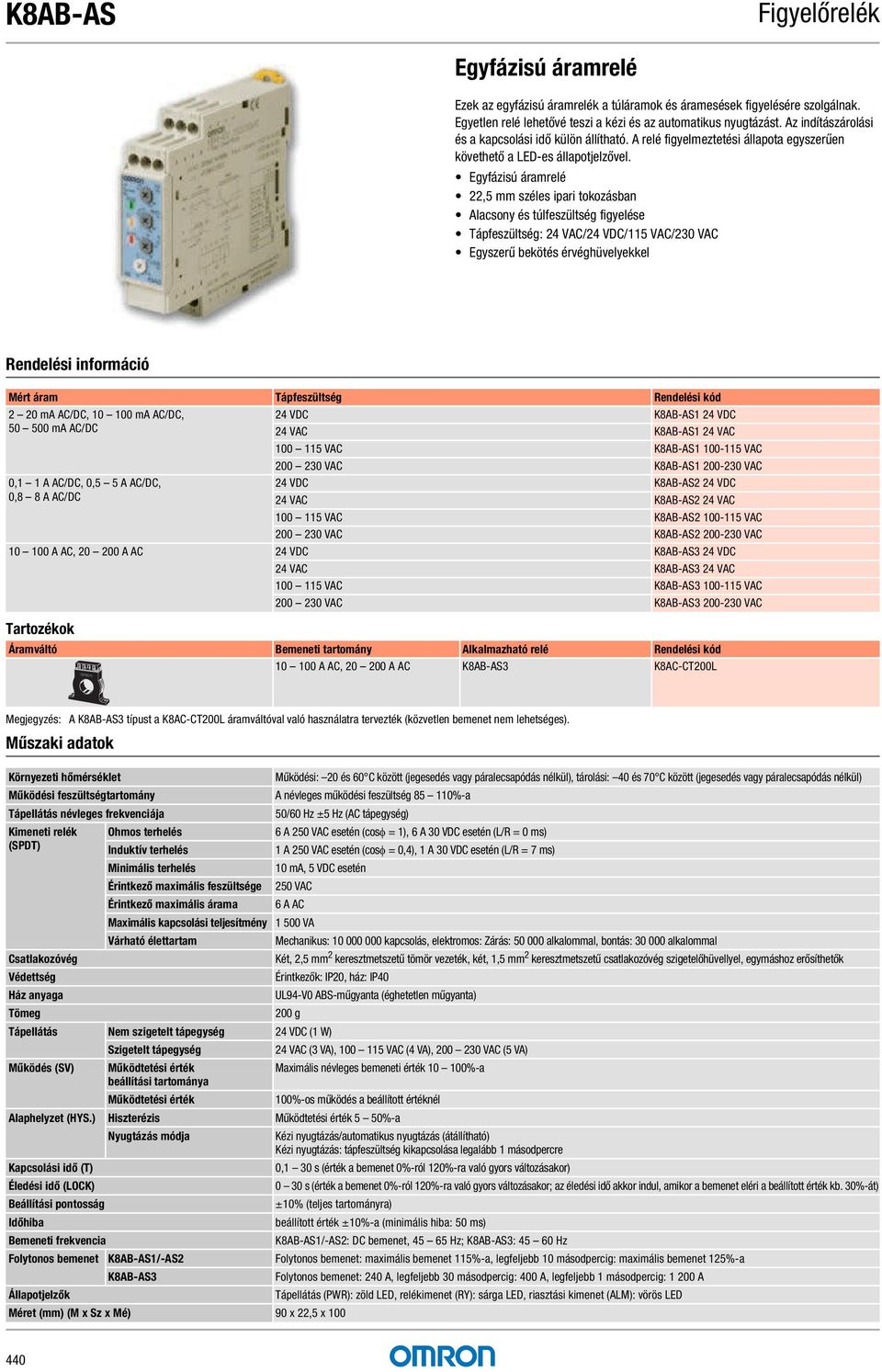 Egyfázisú áramrelé 22,5 mm széles ipari tokozásban Alacsony és túl figyelése Táp: 24 VAC/24 VDC/115 VAC/230 VAC Mért áram Táp 2 20 ma AC/DC, 10 100 ma AC/DC, 50 500 ma AC/DC 0,1 1 A AC/DC, 0,5 5 A