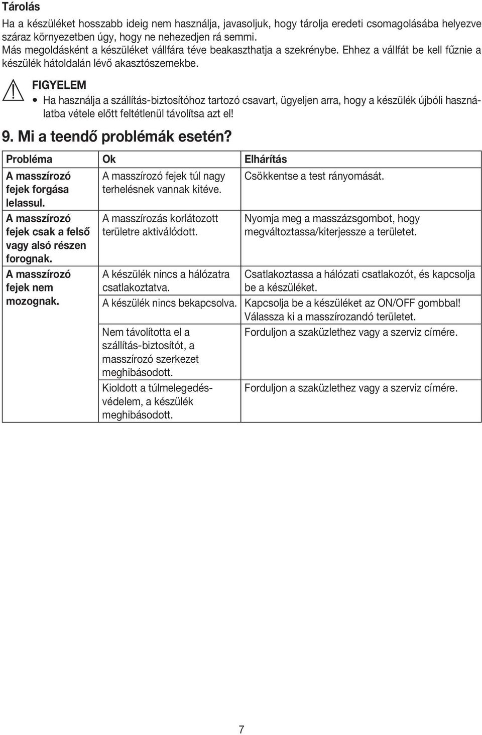 Ha használja a szállítás-biztosítóhoz tartozó csavart, ügyeljen arra, hogy a készülék újbóli használatba vétele előtt feltétlenül távolítsa azt el! 9. Mi a teendő problémák esetén?