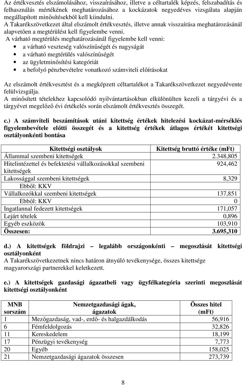 A várható megtérülés meghatározásánál figyelembe kell venni: a várható veszteség valószínűségét és nagyságát a várható megtérülés valószínűségét az ügyletminősítési kategóriát a befolyó pénzbevételre