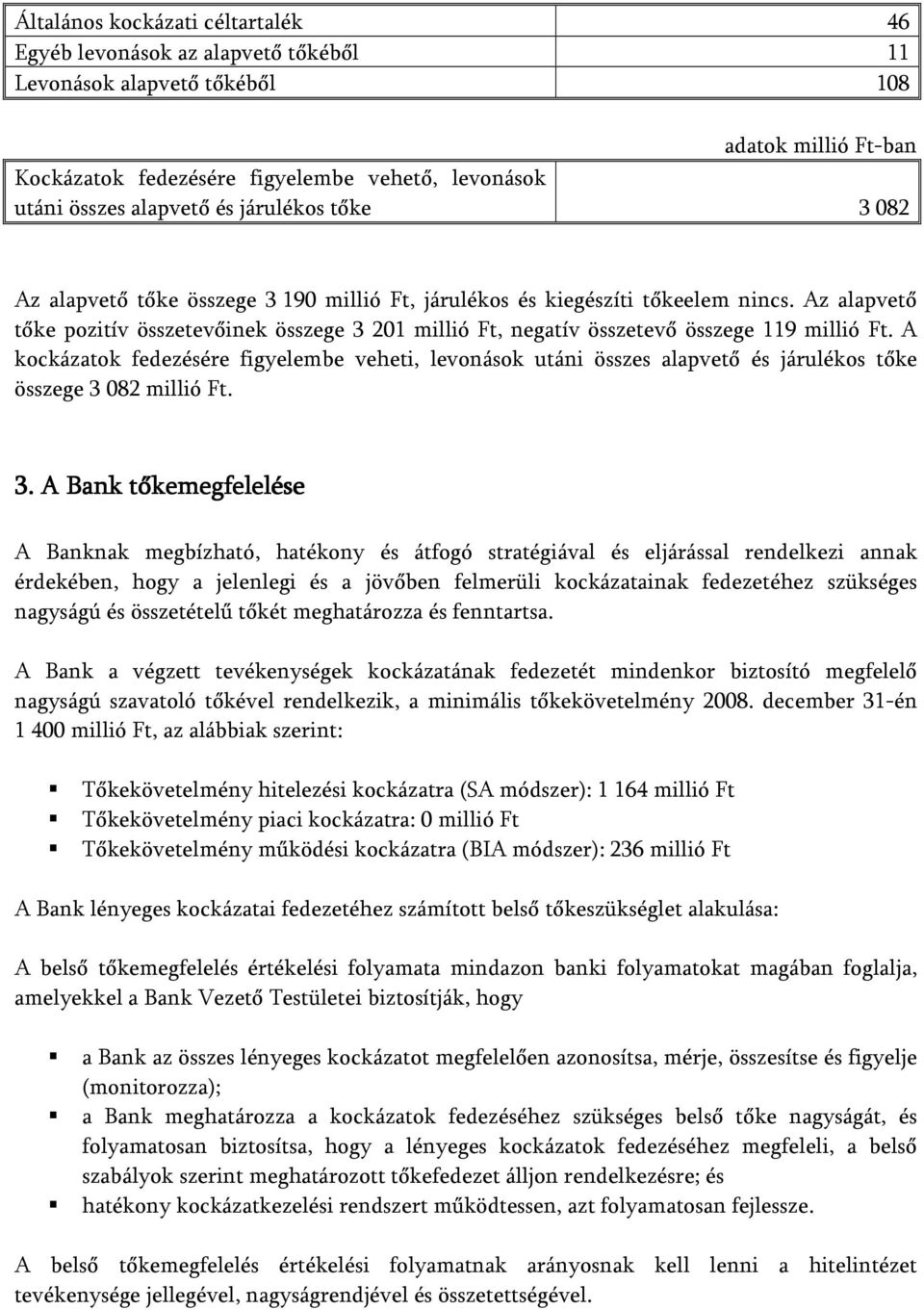 Az alapvető tőke pozitív összetevőinek összege 3 201 millió Ft, negatív összetevő összege 119 millió Ft.