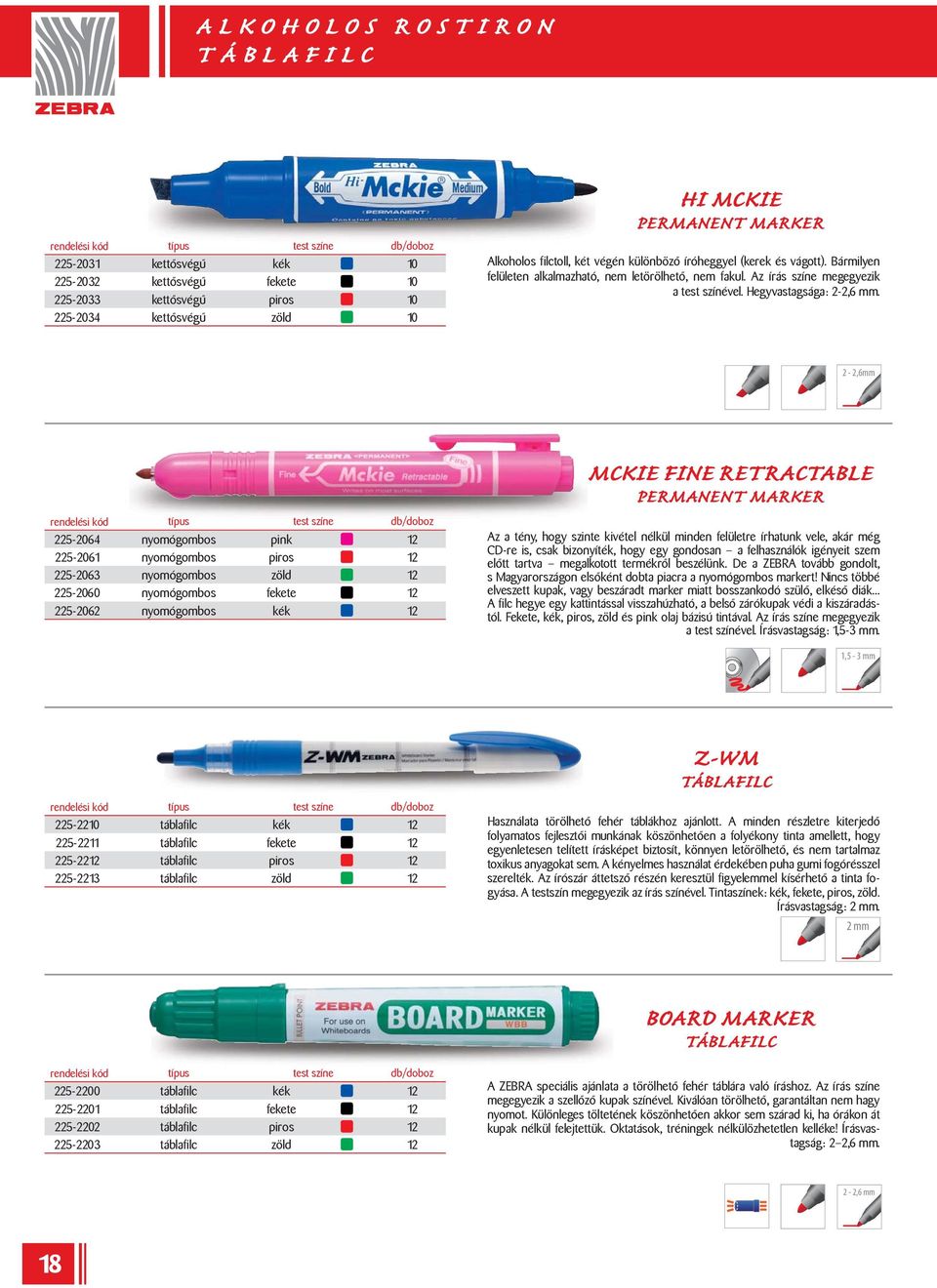 2-2,6mm 225-2064 nyomógombos pink 12 225-2061 nyomógombos piros 12 225-2063 nyomógombos zöld 12 225-2060 nyomógombos fekete 12 225-2062 nyomógombos kék 12 MCKIE FINE RETRACTABLE PERMANENT MARKER Az a