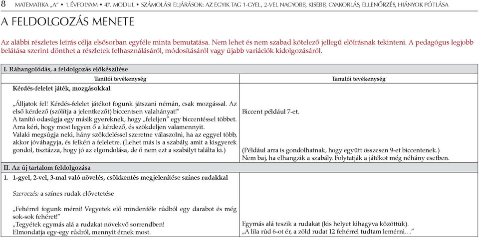 Nem lehet és nem szabad kötelező jellegű előírásnak tekinteni. A pedagógus legjobb belátása szerint dönthet a részletek felhasználásáról, módosításáról vagy újabb variációk kidolgozásáról. I.