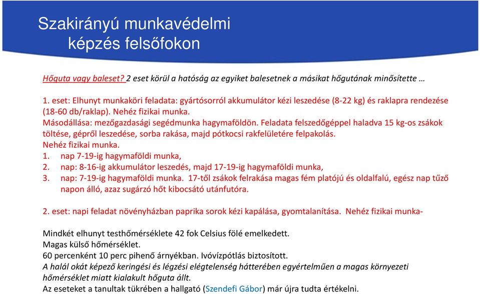 Feladata felszedőgéppel haladva 15 kg-os zsákok töltése, gépről leszedése, sorba rakása, majd pótkocsi rakfelületére felpakolás. Nehéz fizikai munka. 1. nap 7-19-ig hagymaföldi munka, 2.