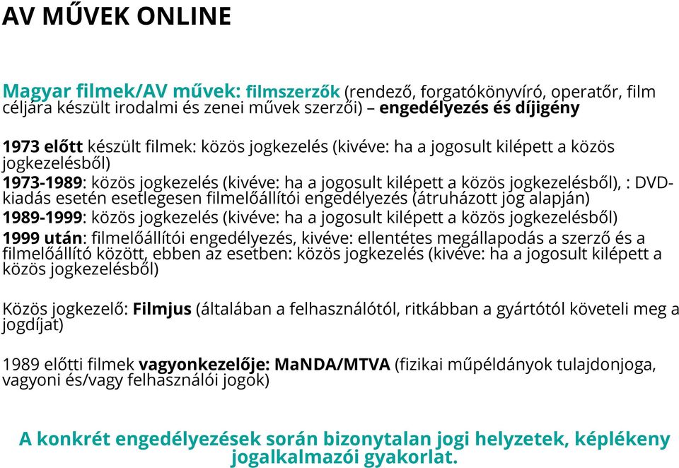 (átruházott jog alapján) 1989-1999: közös jogkezelés (kivéve: ha a jogosult kilépett a közös jogkezelésből) 1999 után: filmelőállítói engedélyezés, kivéve: ellentétes megállapodás a szerző és a