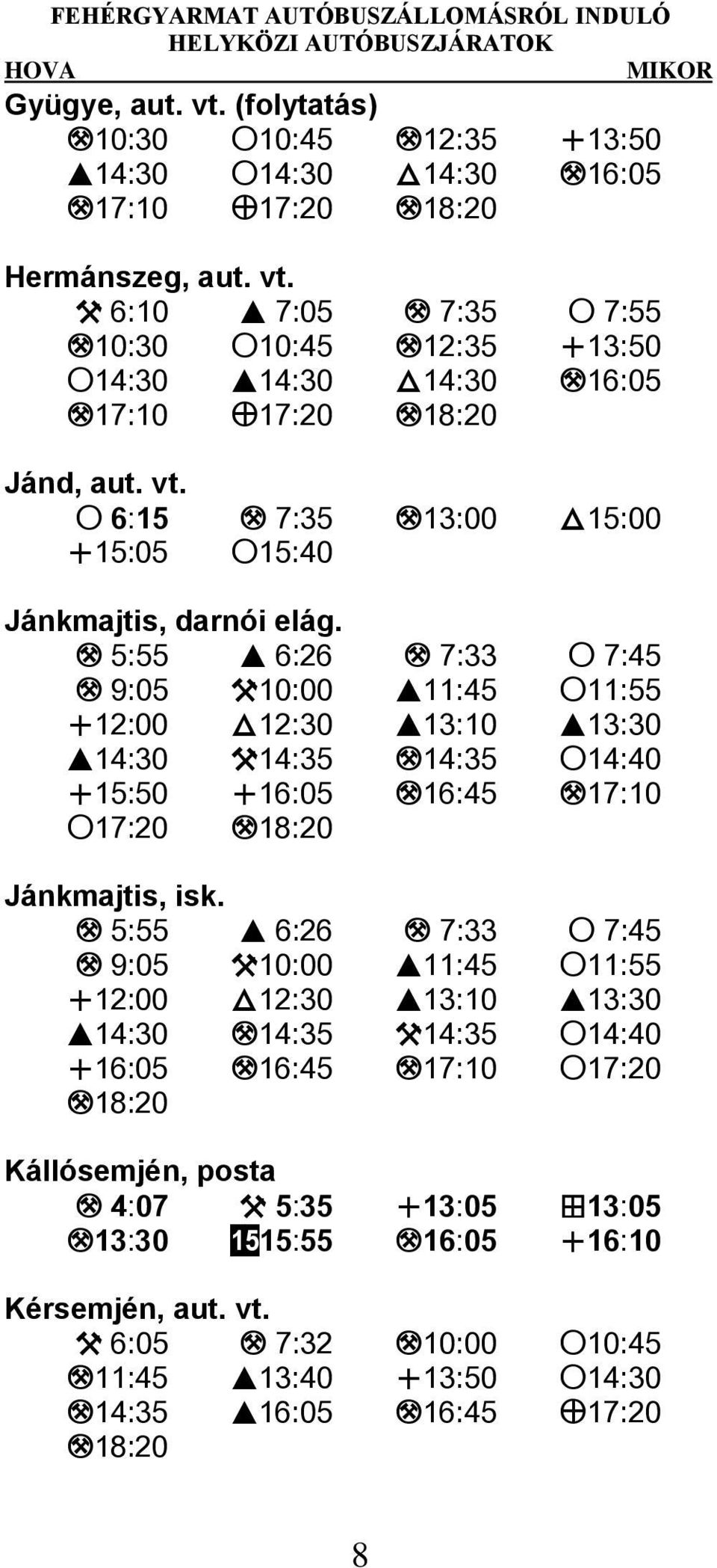 M 5:55 I 6:26 M 7:33 S 7:45 M 9:05 X10:00 I11:45 S11:55 U12:00 T12:30 I13:10 I13:30 I14:30 X14:35 M14:35 S14:40 U15:50 U16:05 M16:45 M17:10 S17:20 M18:20 Jánkmajtis, isk.