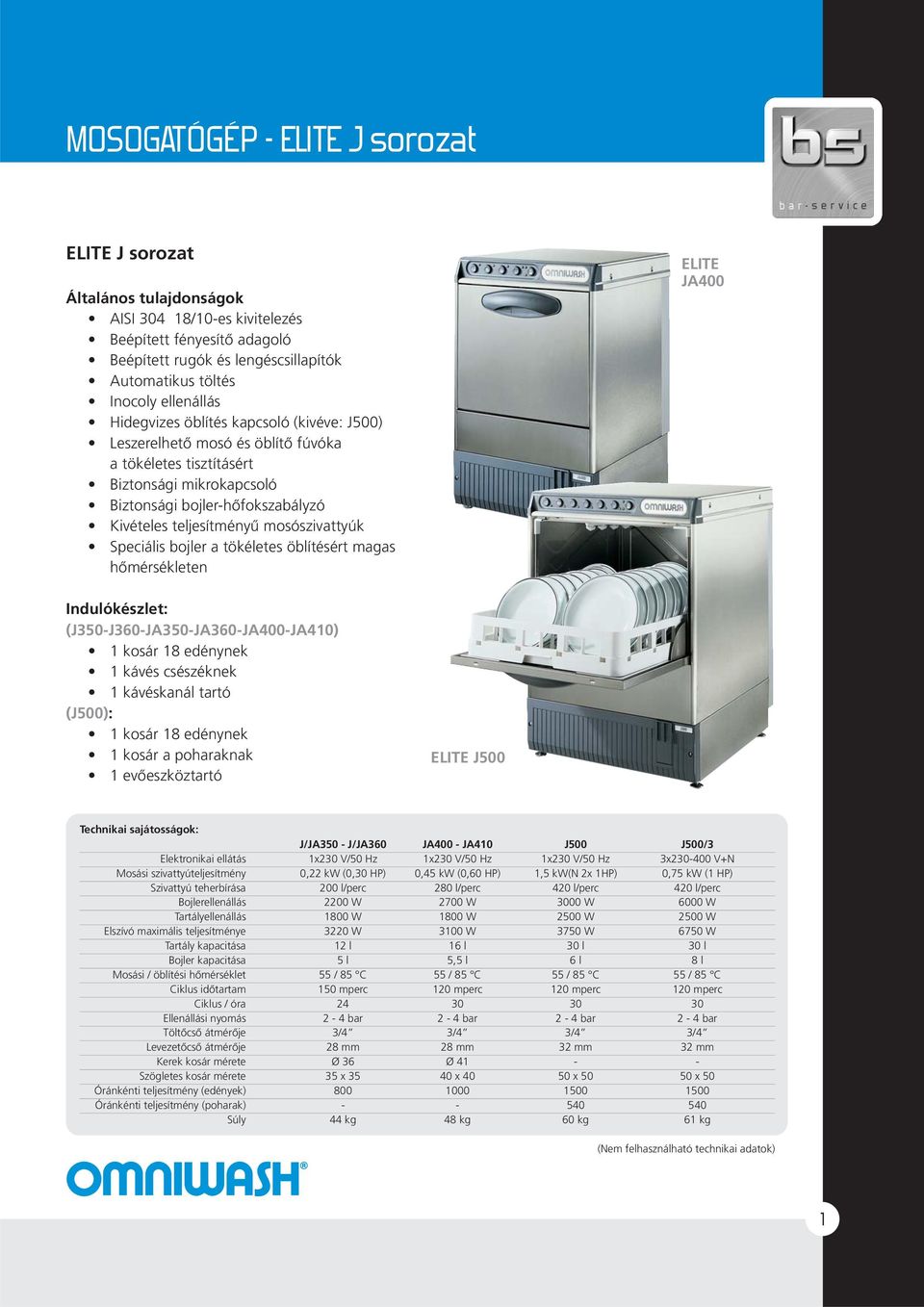 mosószivattyúk Speciális bojler a tökéletes öblítésért magas hõmérsékleten ELITE JA400 (J350-J360-JA350-JA360-JA400-JA410) 1 kosár 18 edénynek 1 kávés csészéknek 1 kávéskanál tartó (J500): 1 kosár 18