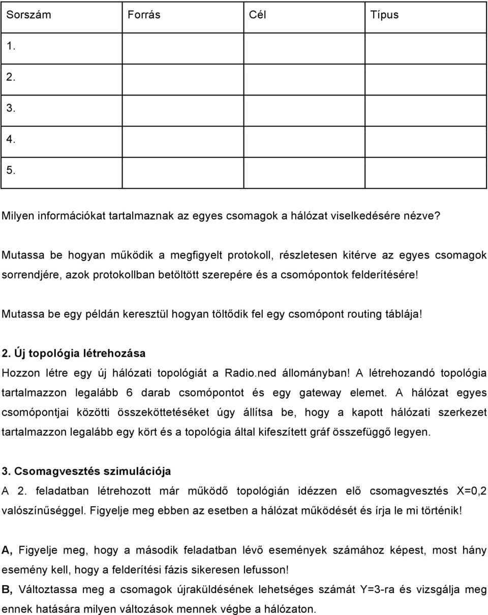 Mutassa be egy példán keresztül hogyan töltődik fel egy csomópont routing táblája! 2. Új topológia létrehozása Hozzon létre egy új hálózati topológiát a Radio.ned állományban!