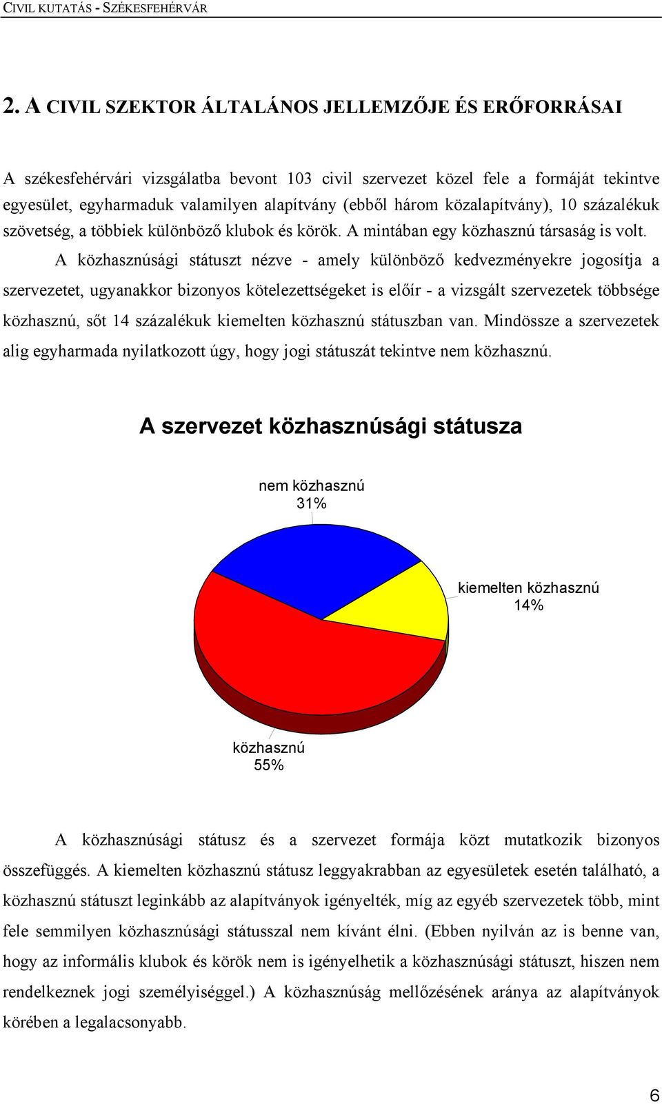 A közhasznúsági státuszt nézve - amely különböző kedvezményekre jogosítja a szervezetet, ugyanakkor bizonyos kötelezettségeket is előír - a vizsgált szervezetek többsége közhasznú, sőt 14 százalékuk