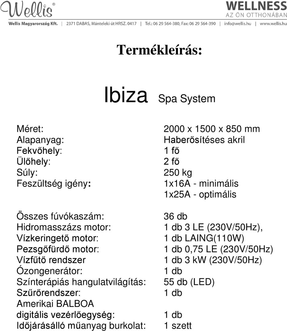 digitális vezérlőegység: Időjárásálló műanyag burkolat: 2000 x 1500 x 850 mm Haberősítéses akril 1 fő 2 fő 250 kg 1x16A - minimális