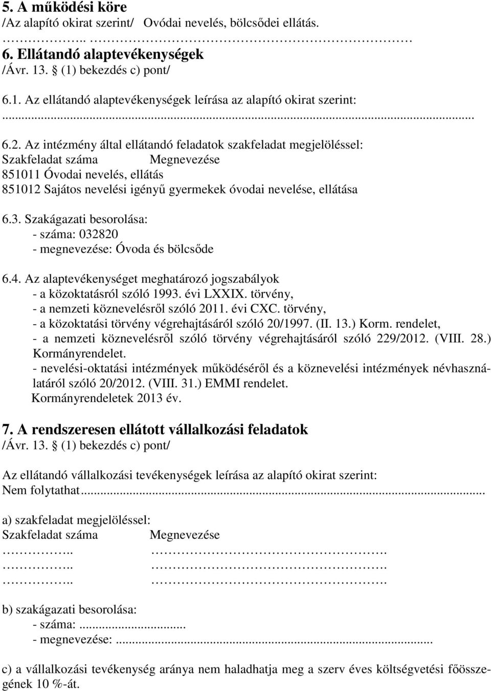 Az intézmény által ellátandó feladatok szakfeladat megjelöléssel: Szakfeladat száma Megnevezése 851011 Óvodai nevelés, ellátás 851012 Sajátos nevelési igényű gyermekek óvodai nevelése, ellátása 6.3.