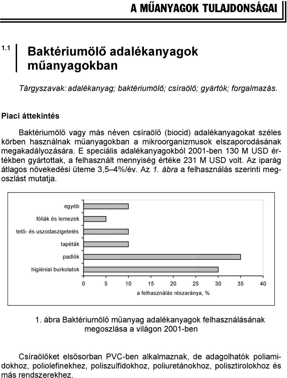 E speciális adalékanyagokból 2001-ben 130 M USD értékben gyártottak, a felhasznált mennyiség értéke 231 M USD volt. Az iparág átlagos növekedési üteme 3,5 4%/év. Az 1.