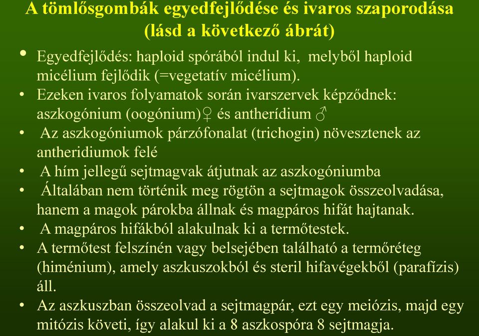 átjutnak az aszkogóniumba Általában nem történik meg rögtön a sejtmagok összeolvadása, hanem a magok párokba állnak és magpáros hifát hajtanak. A magpáros hifákból alakulnak ki a termőtestek.