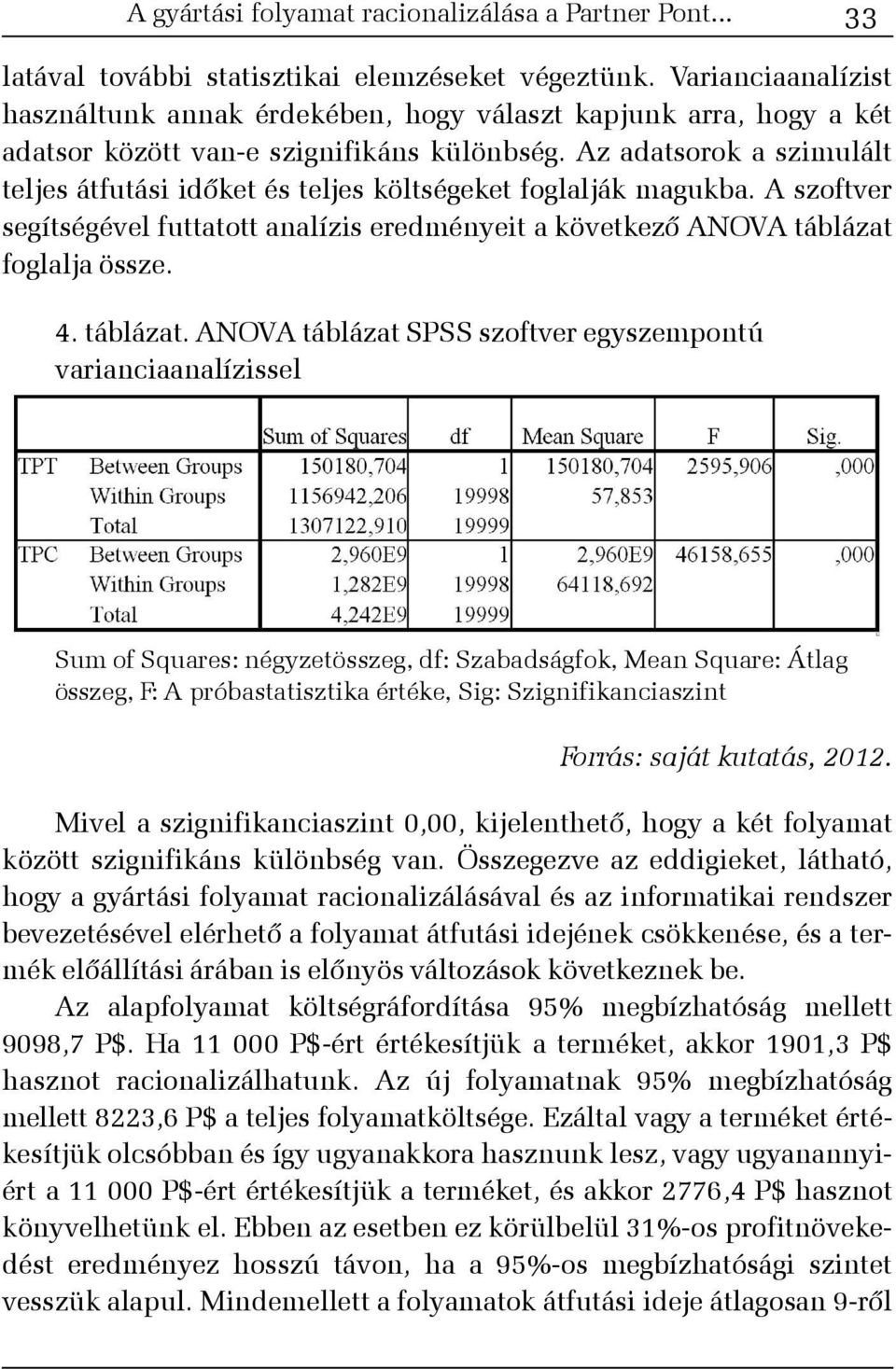 Az adatsorok a szimulált teljes átfutási idõket és teljes költségeket foglalják magukba. A szoftver segítségével futtatott analízis eredményeit a következõ ANOVA táblázat 