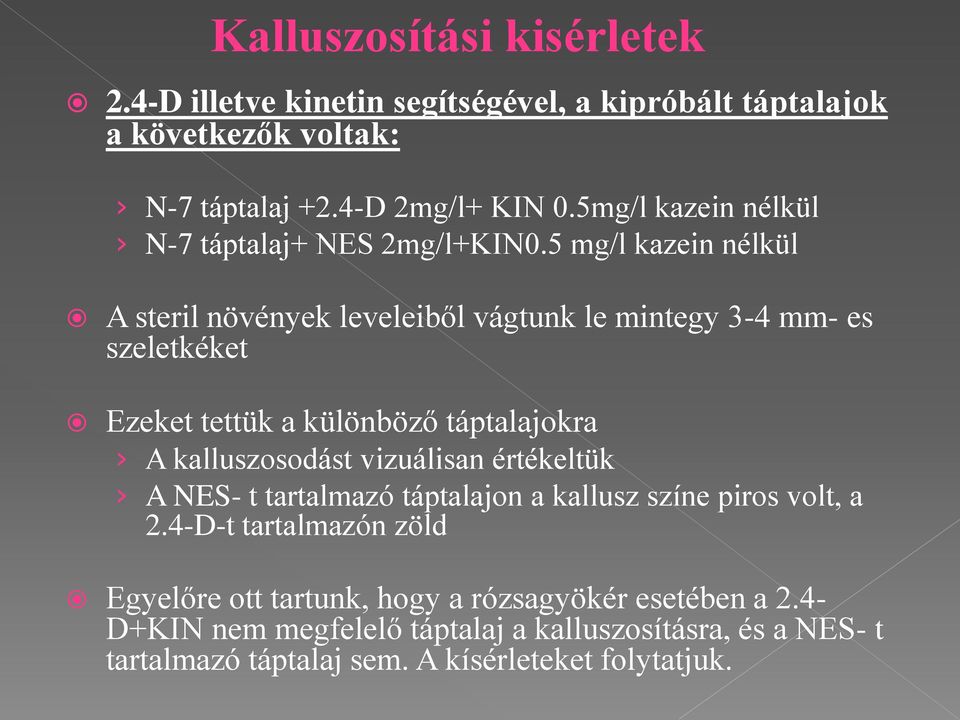 5 mg/l kazein nélkül A steril növények leveleiből vágtunk le mintegy 3-4 mm- es szeletkéket Ezeket tettük a különböző táptalajokra A kalluszosodást