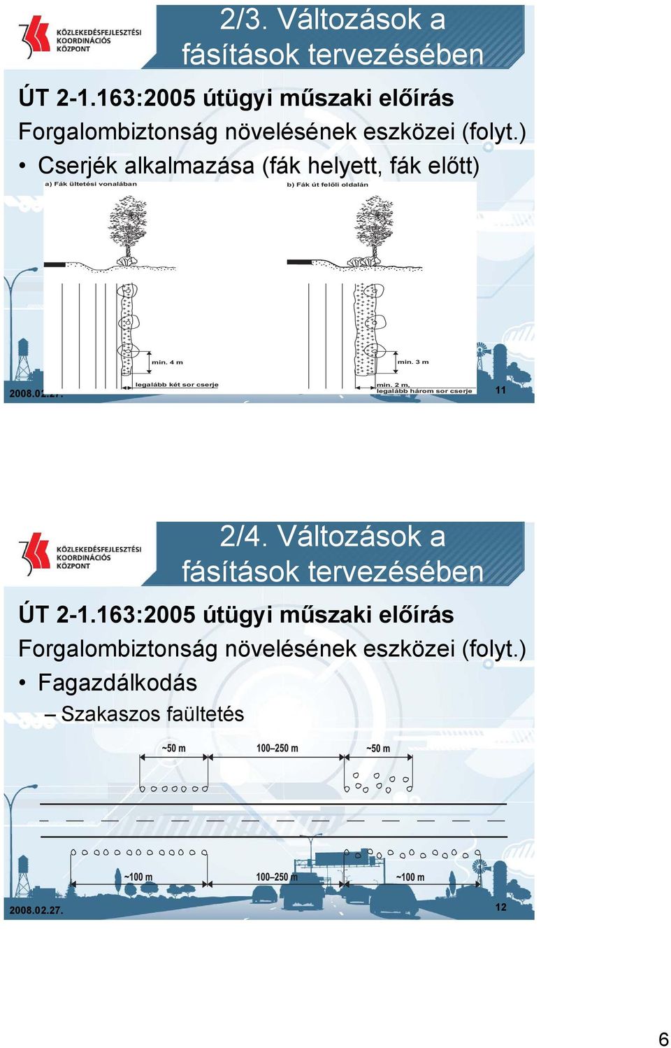 3 m legalább két sor cserje min. 2 m, legalább három sor cserje 2008.02.27. 11 2/4. Változások a ÚT 2-1.