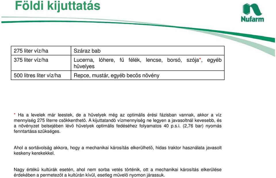 A kijuttatandó vízmennyiség ne legyen a javasoltnál kevesebb, és a növényzet belsejében lévı hüvelyek optimális fedéséhez folyamatos 40 p.s.i. (2,76 bar) nyomás fenntartása szükséges.