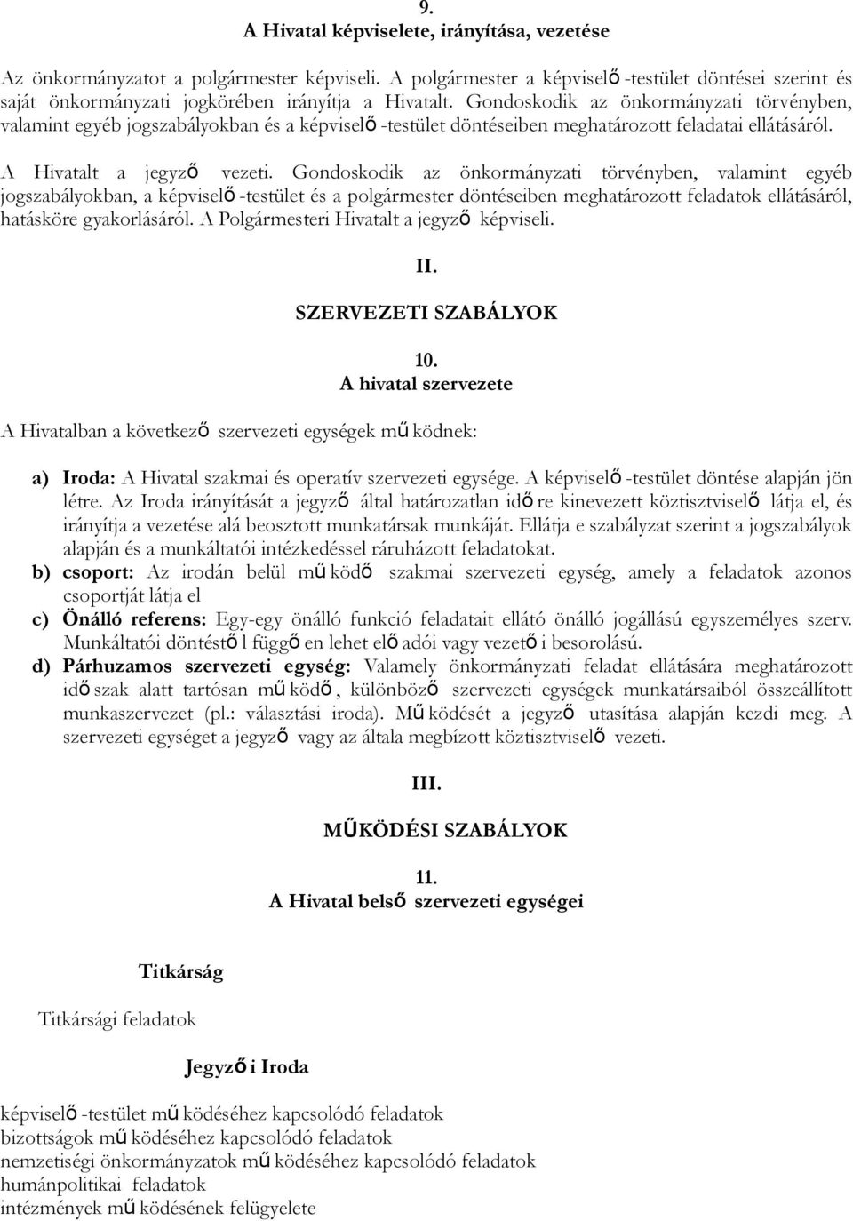 Gondoskodik az önkormányzati törvényben, valamint egyéb jogszabályokban, a képviselő -testület és a polgármester döntéseiben meghatározott feladatok ellátásáról, hatásköre gyakorlásáról.