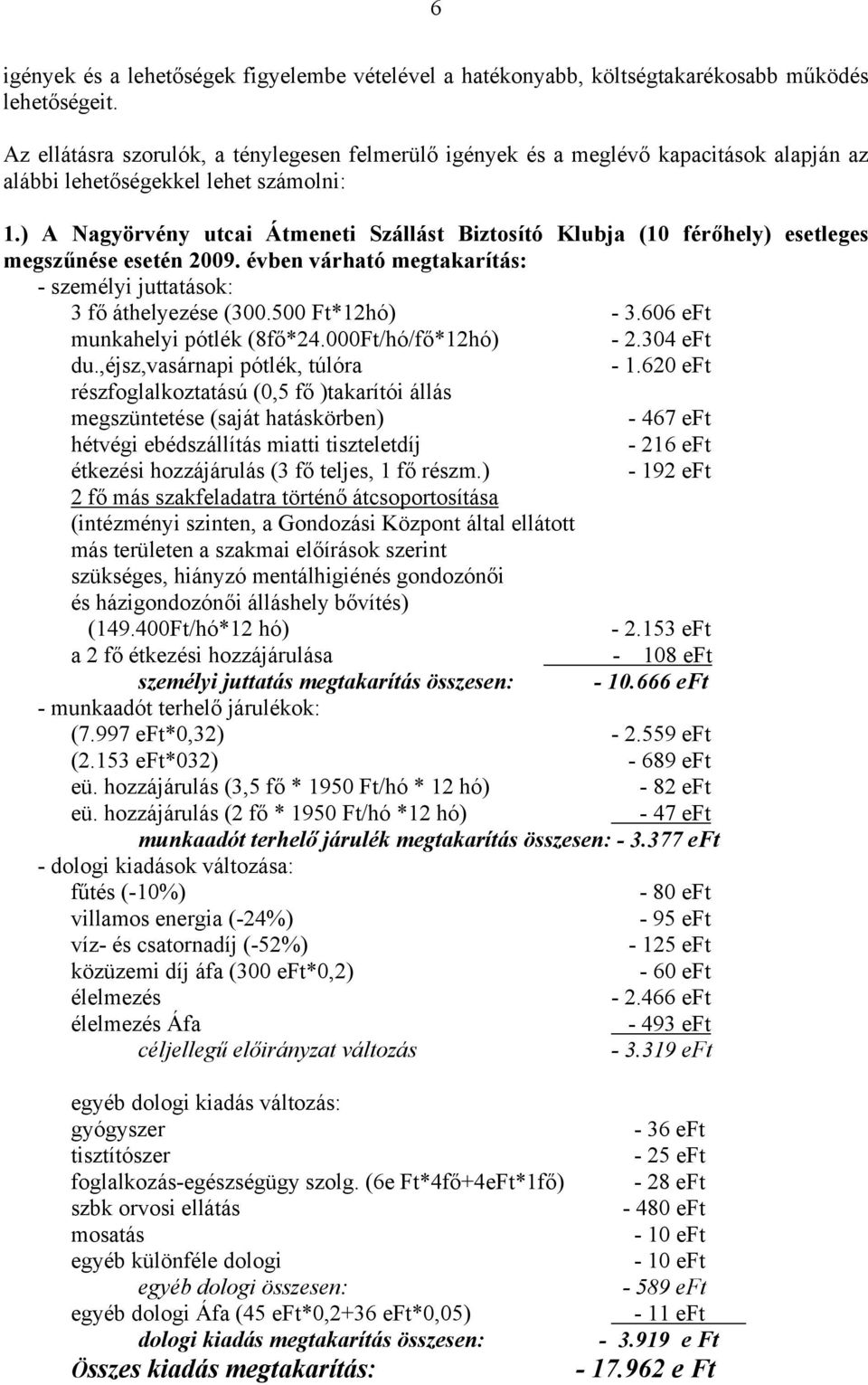 ) A Nagyörvény utcai Átmeneti Szállást Biztosító Klubja (10 férőhely) esetleges megszűnése esetén 2009. évben várható megtakarítás: - személyi juttatások: 3 fő áthelyezése (300.500 Ft*12hó) - 3.