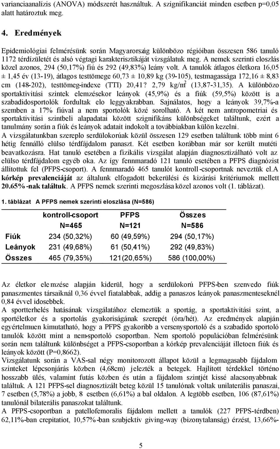 A nemek szerinti eloszlás közel azonos, 294 (50,17%) fiú és 292 (49,83%) leány volt.