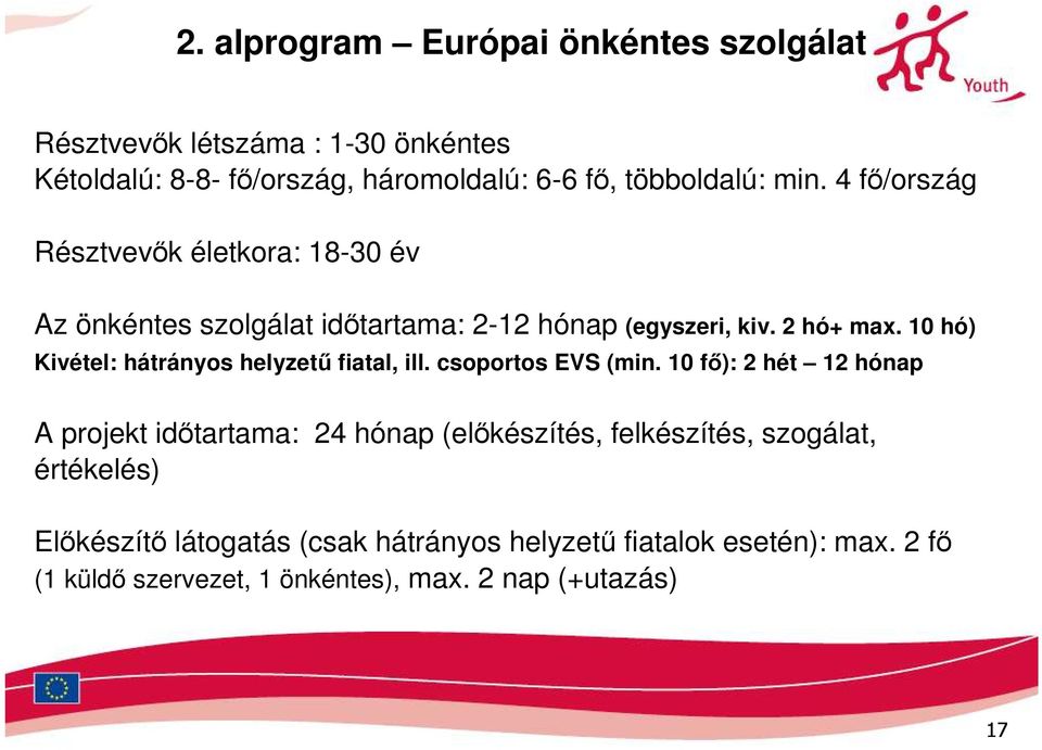 10 hó) Kivétel: hátrányos helyzető fiatal, ill. csoportos EVS (min.