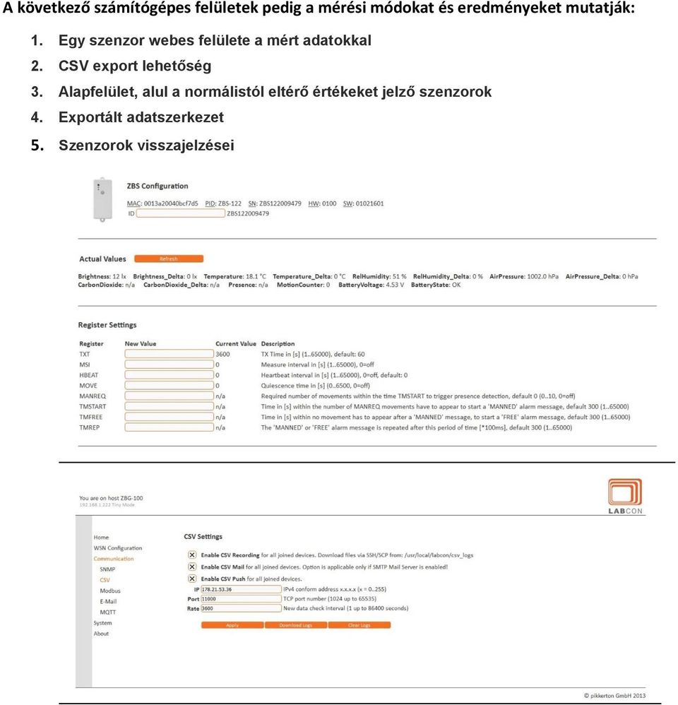 Egy szenzor webes felülete a mért adatokkal 2. CSV export lehetőség 3.