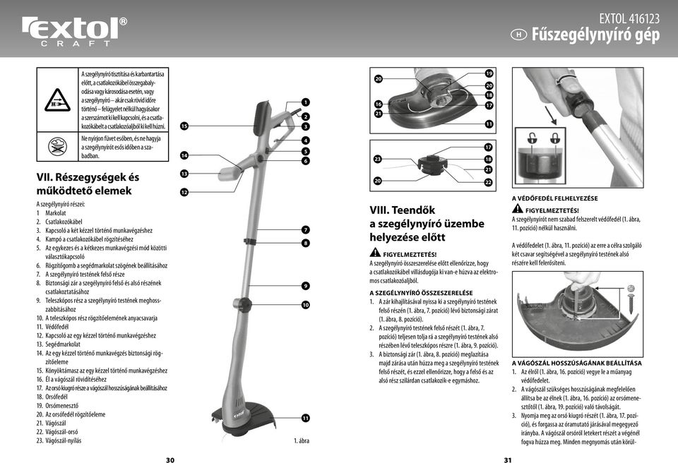 15 1 2 3 20 16 21 19 20 18 17 11 VII. Részegységek és működtető elemek A szegélynyíró részei: 1 Markolat 2. Csatlakozókábel 3. Kapcsoló a két kézzel történő munkavégzéshez 4.