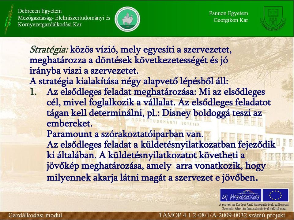 Az elsődleges feladatot tágan kell determinálni, pl.: Disney boldoggá teszi az embereket. Paramount a szórakoztatóiparban van.
