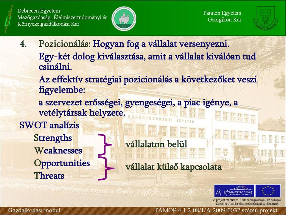 Az effektív stratégiai pozicionálás a következőket veszi figyelembe: a szervezet