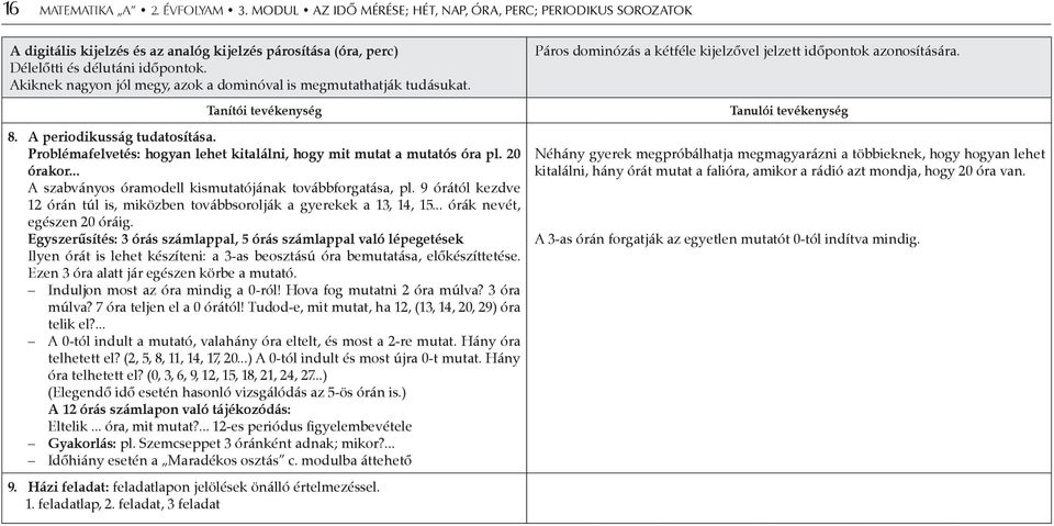 20 órakor... A szabványos óramodell kismutatójának továbbforgatása, pl. 9 órától kezdve 12 órán túl is, miközben továbbsorolják a gyerekek a 13, 14, 15... órák nevét, egészen 20 óráig.