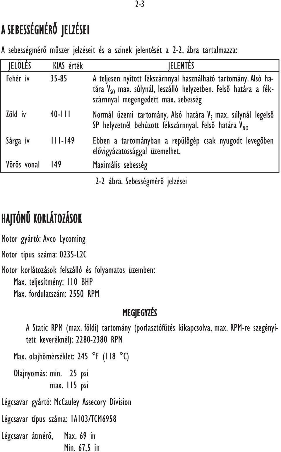 Felsô határa a fékszárnnyal megengedett max. sebesség Zöld ív 40-111 Normál üzemi tartomány. Alsó határa V S max. súlynál legelsô SP helyzetnél behúzott fékszárnnyal.