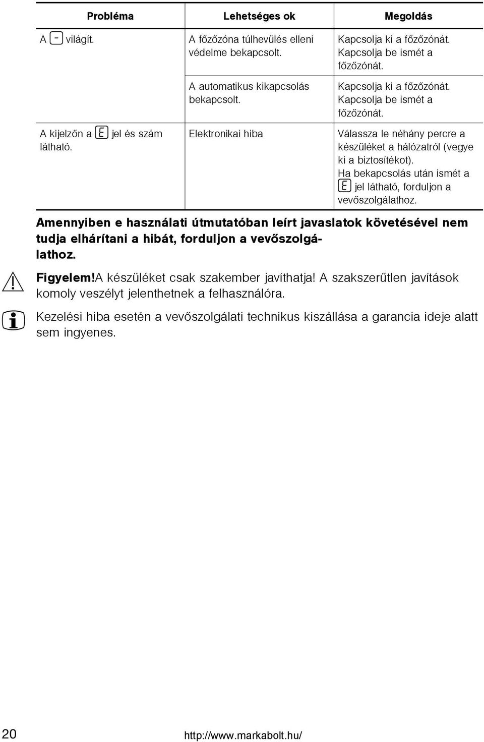 Ha bekapcsolás után ismét a jel látható, forduljon a vevõszolgálathoz. Amennyiben e használati útmutatóban leírt javaslatok követésével nem tudja elhárítani a hibát, forduljon a vevõszolgálathoz.