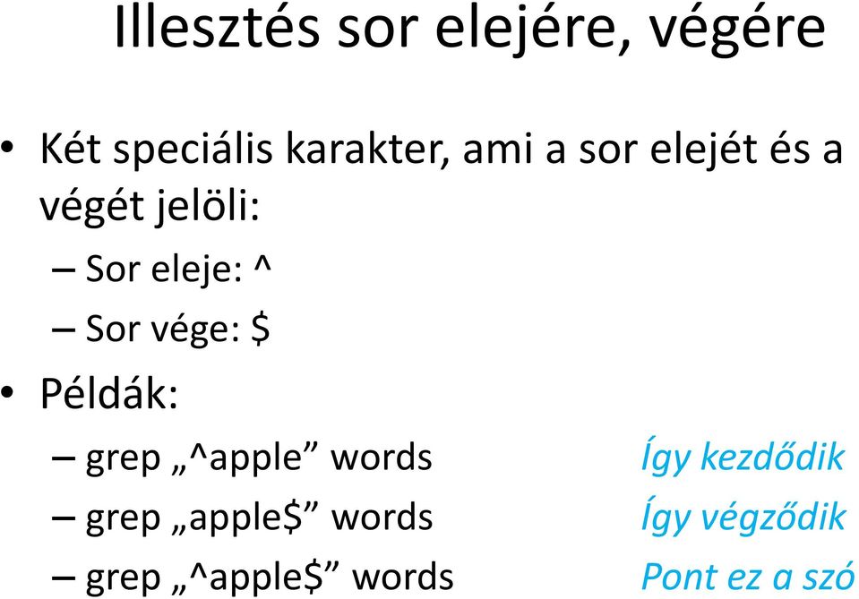 vége: $ Példák: grep ^apple words Így kezdődik grep