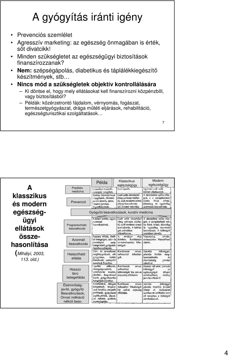 biztosításból? Példák: közérzetrontó fájdalom, vérnyomás, fogászat, természetgyógyászat, drága mőtéti eljárások, rehabilitáció, egészségturisztikai szolgáltatások 7 (Mihályi, 2003, 113. old.