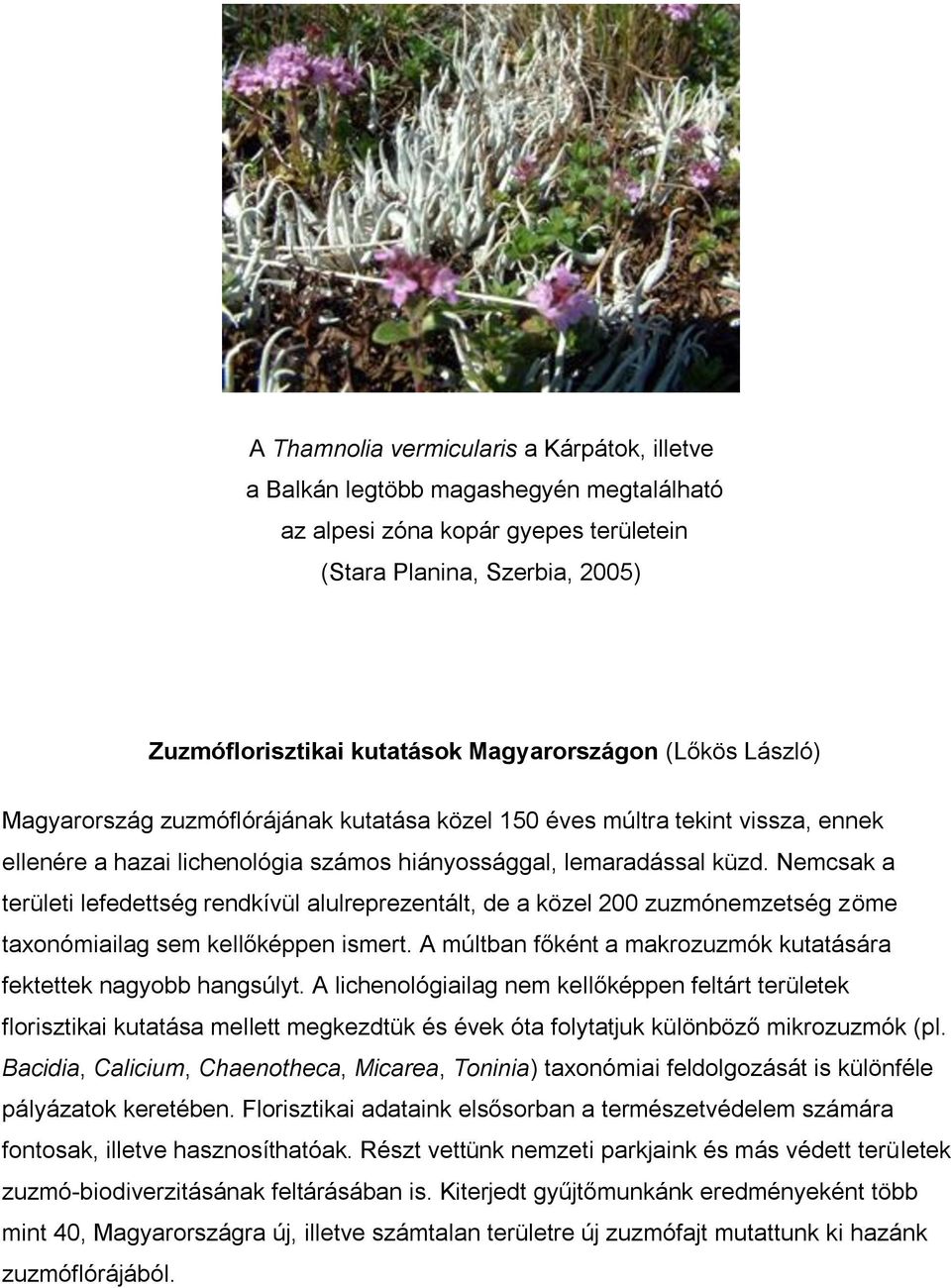 Nemcsak a területi lefedettség rendkívül alulreprezentált, de a közel 200 zuzmónemzetség zöme taxonómiailag sem kellőképpen ismert.